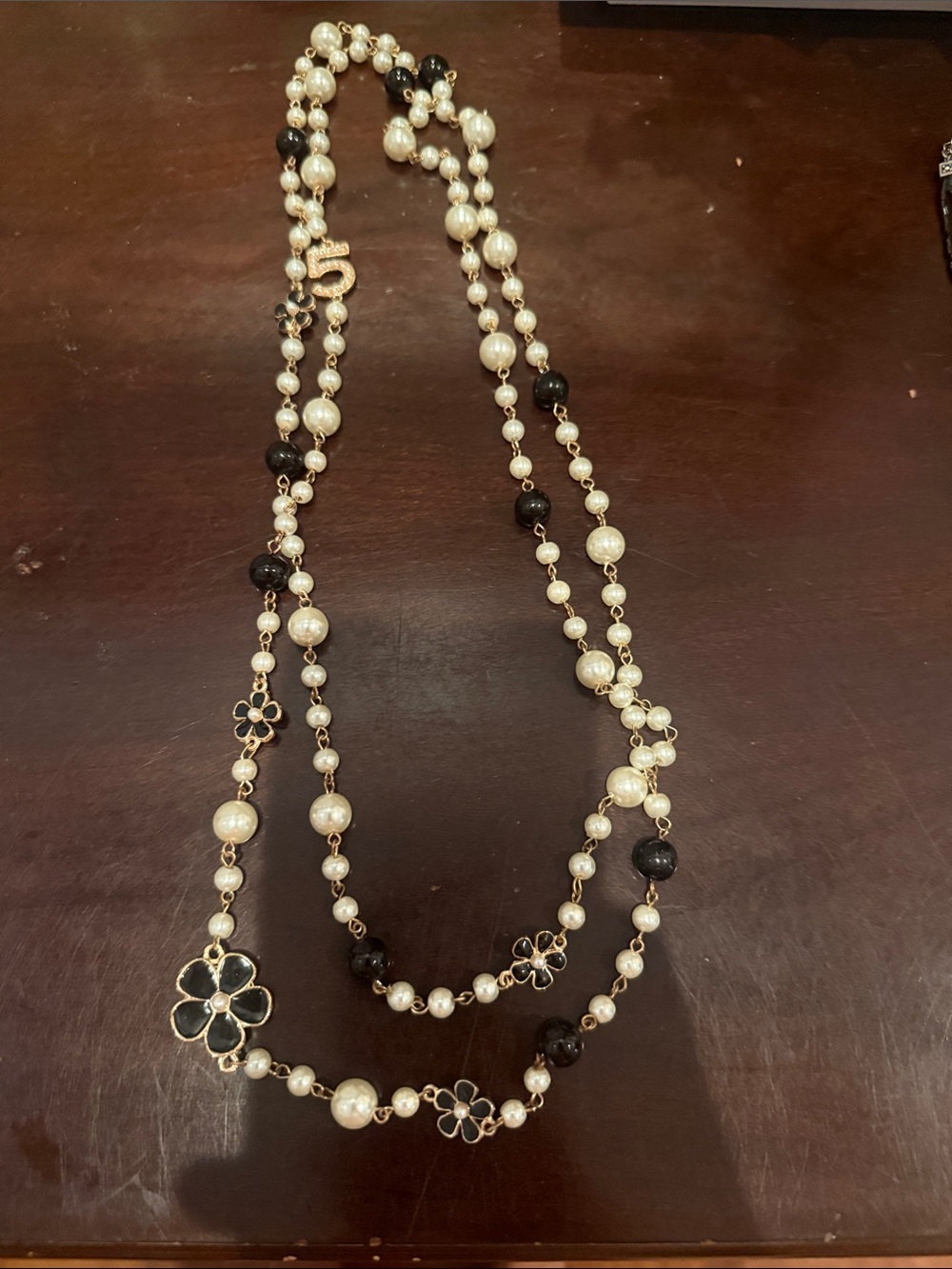 Pearl and Black Camelia Long strand necklace